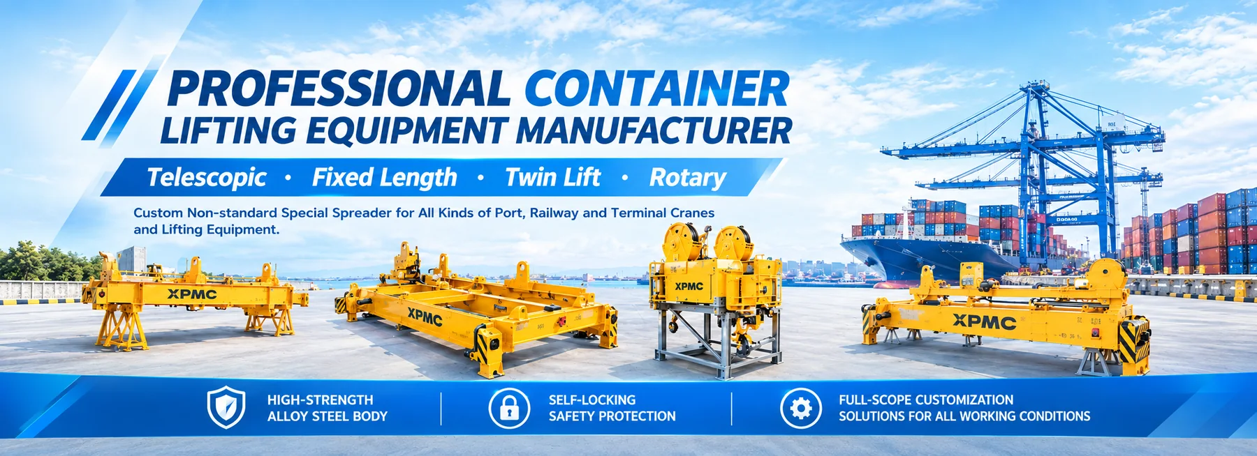 Container spreaders for telescopic, fixed length, twin lift and rotary applications